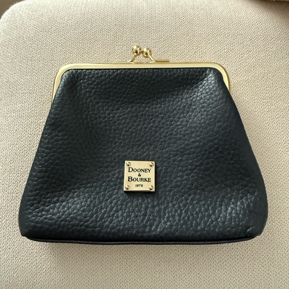 Vintage Dooney & Bourke Black Leather Clutch with Gold Accents